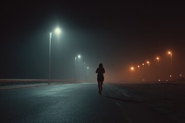 Nighttime running along a deserted coastal path illuminated by streetlights