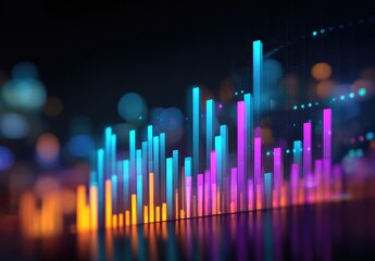 Abstract data visualization of financial charts reflected on a surface, with vibrant neon colors and blurred city lights in the background