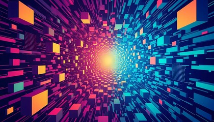Obraz premium Geometric digital art of a hyperspace corridor with glowing neon blocks