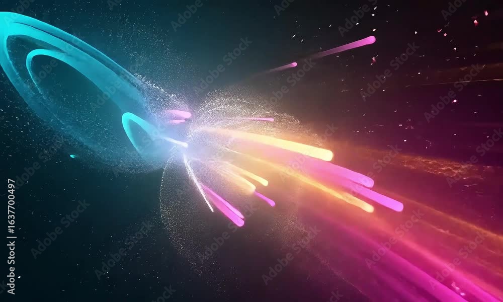 Poster abstract background showing colorful light streaks and small dots on a dark surface