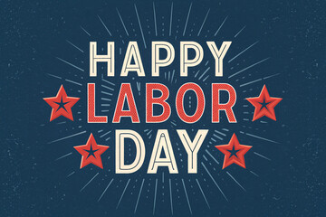Happy Labor Day Text Design – Red, White, and Blue Celebration Graphic with Stars and Radiating Background