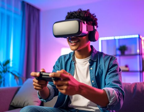 Smiling young man playing an immersive virtual reality game with a controller in a modern living room with neon lights.