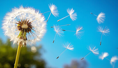 Dandelion Seeds Soaring in a Vibrant Blue Sky