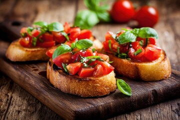 Delicious bruschetta topped with fresh tomatoes and basil on a rustic wooden board