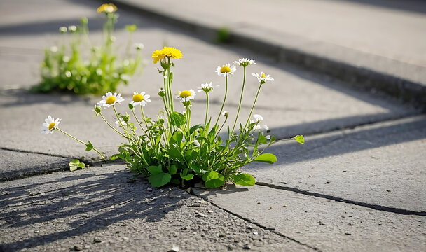 Resilient flowers pushing through pavement.