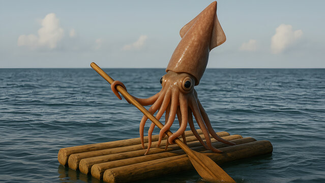 Squid rowing a wooden raft across calm ocean waters, surreal and humorous realistic scene