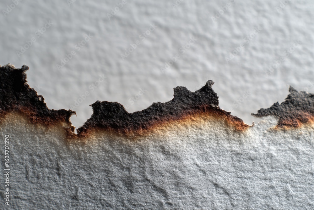 Poster detail of burn mark on textured paper showing intricate patterns of charred edges under soft lightin