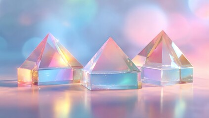 Three iridescent pyramids on a pastel background