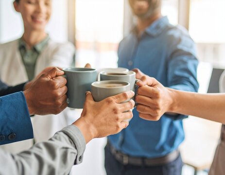 Diverse group of business colleagues celebrating success by toasting with coffee mugs in a modern office.
