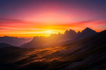 Fototapeta premium A vivid sunset over mountain peaks casting a warm glow across the landscape and sky horizon view