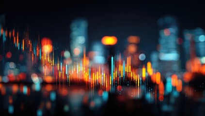 Blurred cityscape overlaid with vibrant financial charts at night