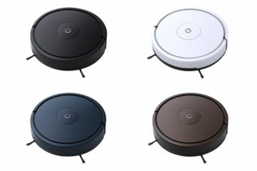 Collection of Four Circular Robotic Vacuum Cleaners in Black, White, Navy Blue, and Brown, Showcasing Modern Home Automation Technology