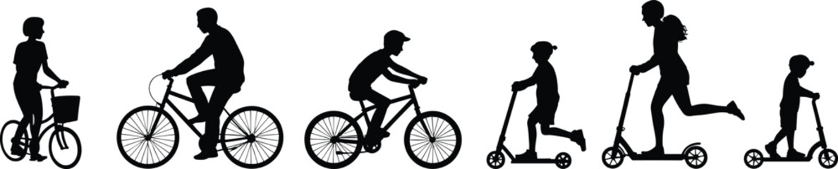 Silhouettes, bicycle, scooter, riders, outdoor, vector, black, transport, people, mobility, activity, lifestyle