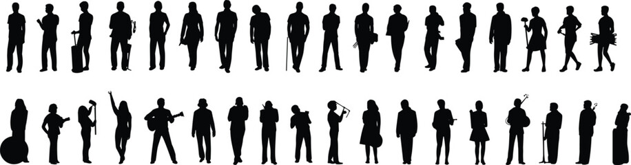 Silhouettes, people, poses, instruments, luggage, tools, vector, black, activity, profession, lifestyle, collection