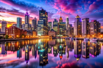 Naklejka premium City skyline reflected in water at night with vibrant sunset and illuminated buildings creating a scenic view