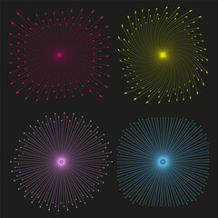 Explosion firework set. Celebration light show. Abstract starburst Vector. Festive colorful elements.
