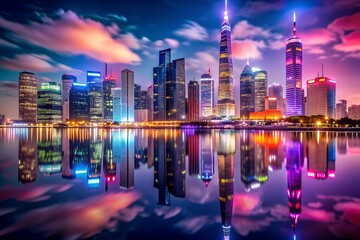 City skyline at night reflecting in water with vibrant colors and illuminated skyscrapers view