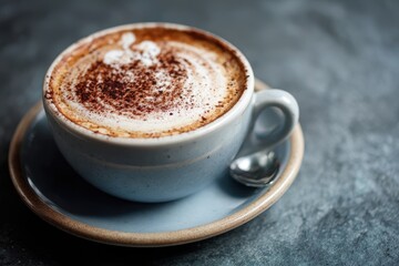 Rich cappuccino served in a ceramic cup with delicate froth art and cocoa sprinkle during a cozy afternoon break