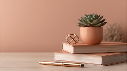 Fototapeta premium A serene still life composition features a succulent plant in a terracotta pot resting atop stacked notebooks, complemented by a geometric metal sculpture and a rose gold pen, evoking a sense of calm