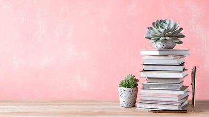 A serene composition features a stack of books topped with lush succulents, evoking a sense of calm and intellectual curiosity on a light wood surface.