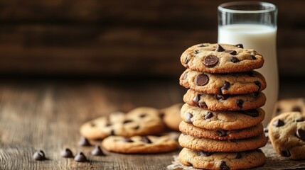 A stack of freshly baked chocolate chip cookies with a glass of milk, on blurred background