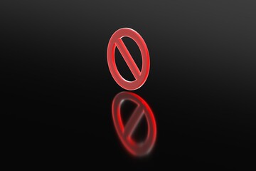 3D render of a red prohibition or no-entry symbol with a clear reflection on a glossy black surface, isolated on a dark gradient background, symbolizing restriction, ban, or forbidden access.