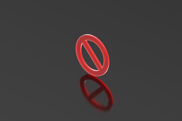 3D render of a red prohibition or no-entry symbol placed on a dark glossy surface with a soft reflection, representing restriction, ban, or forbidden access in a minimal modern style.