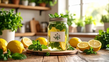 A refreshing infusion of lemon and mint in a clear glass jar with a custom label, set in a sunlit, rustic kitchen.