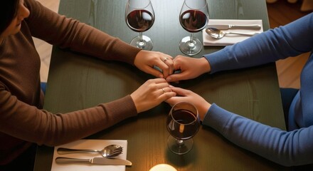 A romantic dinner showcasing a couple holding hands across a candlelit table with wine. The warm ambiance and close contact signify affection and togetherness in a tranquil setting.