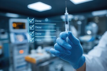 Medical procedure checklist displayed, gloved hand holds syringe