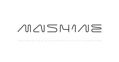Technical wide thin future font, new digital cyber alphabet, trendy original uppercase letters from A, B, C, D, E, F, G, H, I, J, K, L, M, N, O, P, Q, R, S, T, U, V, W, X, Y, Z and numbers from 0, 1, 