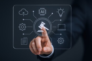 Obraz premium Digital Auction Concept: Hand Interacting with Virtual Interface Displaying Auction Icons and Modern Technology
