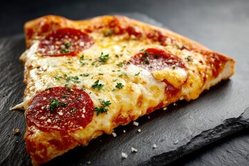 Delicious slice of pepperoni pizza served on a slate plate with herbs on a dark background