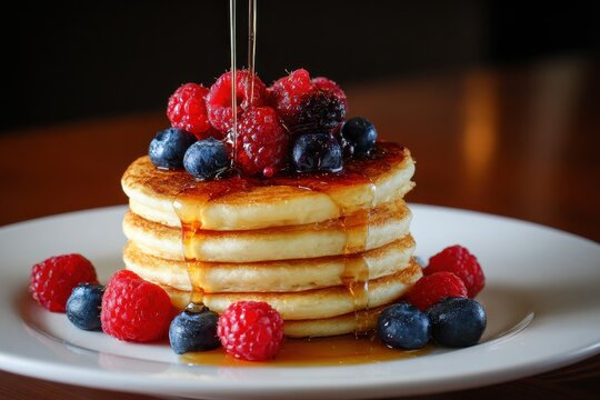Fluffy pancakes topped with fresh berries and syrup served on a white plate at a cozy breakfast spot
