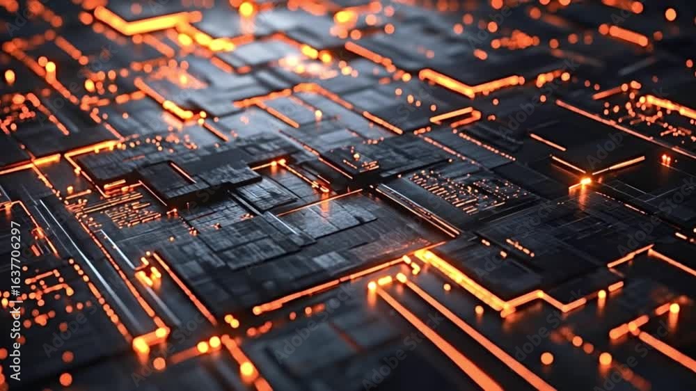 Poster vibrant orange energy coursing through intricate circuit board, revealing complex technological netw