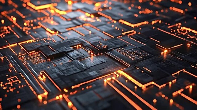 Vibrant orange energy coursing through intricate circuit board, revealing complex technological network with pulsating digital signals and futuristic illumination against dark background