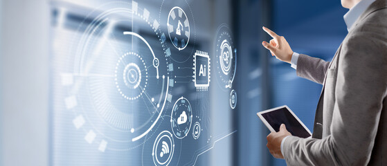 Artificial Intelligence control futuristic data screen. Business Technology