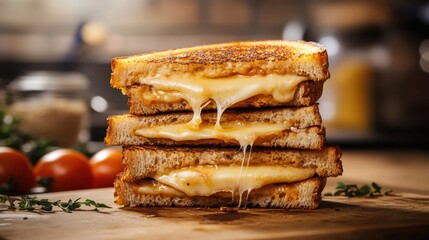 grilled cheese sandwiches with melted cheese strings, styled for food advertising with space for text, kitchen counter with blurred ingredients in the background