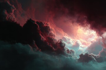 Naklejka premium Dramatic clouds illuminated by sunlight break through during an intense sunset above a serene landscape