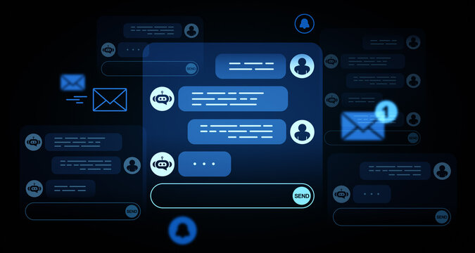 Chatbot and digital messaging interface concept showing communication between users and AI in a futuristic glowing environment on dark background. 3D Rendering