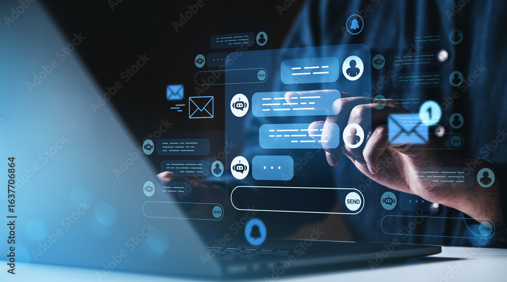 Poster man interacting with chatbot interface on laptop in futuristic digital workspace.