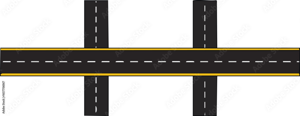 Poster road intersection with two vertical roads crossing horizontal highway vector illustration in simple 