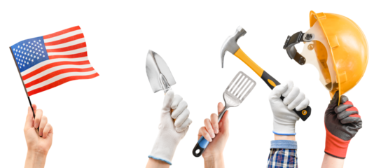different hands with working tools and american flag on white isolated background.labor day concept