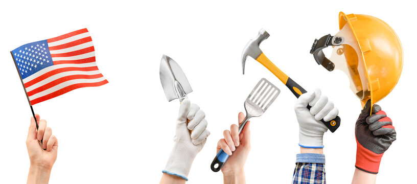 different hands with working tools and american flag on white isolated background.labor day concept