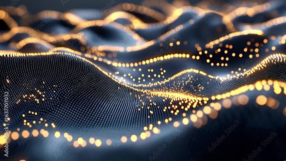 Aufkleber luminous golden particles drifting gracefully across dark wavy surface, generating mesmerizing visua