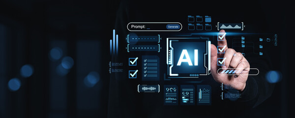 Futuristic AI interface with human hand interacting with digital prompt generation system in...