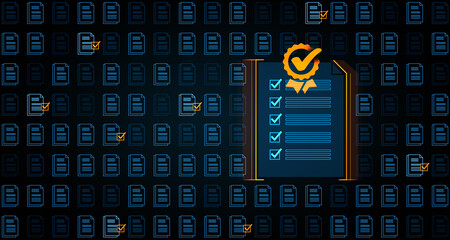 Digital certification checklist document with checkmarks and approved stamp symbol over data files on dark background, quality assurance concept. 3D Rendering