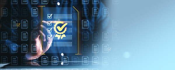 Digital document approval and verification interface with checklist icons on screen.