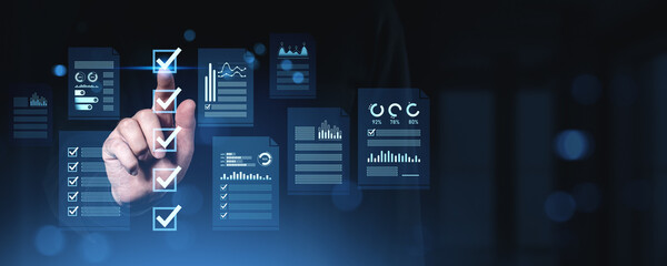 Digital checklist interface with human hand interacting with virtual data documents and charts against dark blue background, concept of data management..