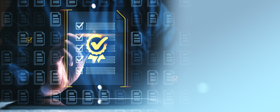 Digital document approval and verification interface with checklist icons on screen.